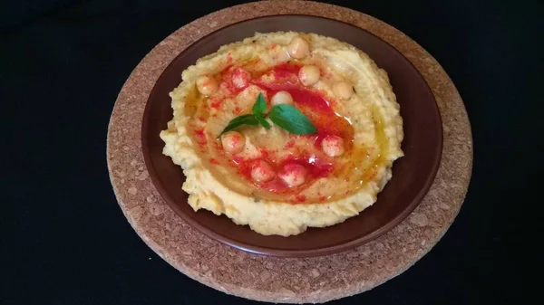 Lekker Eten Hummus Zelfgemaakt Gistvrij Brood — Stockfoto