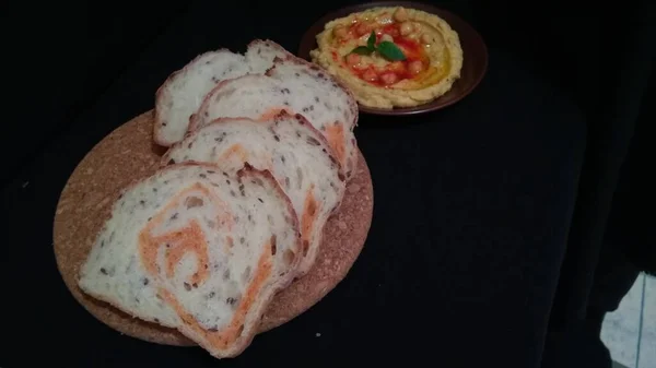Смачна Їжа Хумус Домашній Хліб Дріжджів — стокове фото