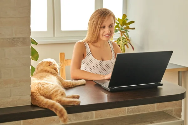 A woman in home clothes works on a computer in front of a monitor in a home atmosphere. Flexible working hours and remote work. Clouse-up
