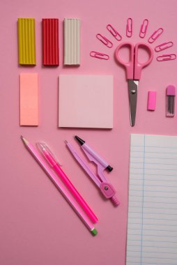 Sabit kavramı, düz yatıyordu yukarıdan Scissorsschool fotoğraf malzemeleri, Not defteri ve kalem, pembe bir arka plan üzerinde renkli kalemler. pembe arka plan kopya alanı ile.