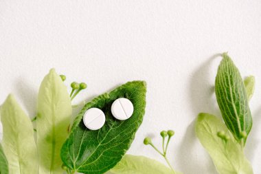 Beyaz homeopatik tablet, yeşil böbrek yaprakları ve ıhlamur çiçek. bir tıbbi bitki doğa ile doğal tedavi.