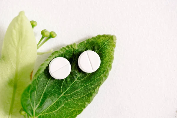 白いホメオパシー錠剤 緑腎葉やシナノキの花 薬用植物 自然と自然な治療 — ストック写真