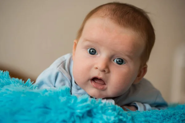 Portrait Lovely Baby Blue Eyes Blue Plaid Lying Pillow — Stock Photo, Image