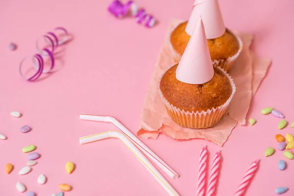 Two Chocolate Muffins Birthday Candle Party Girls Caps Tinsel Multi — Stock Photo, Image