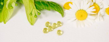 Kraft klubke, yeşil yaprak şifalı bitkiler, homeopatik ilaç afiş beyaz tablet. Yaprak çiçek ve meyve linden, papatya çiçeği. Vitamini ek bakım, tedavi, tedavi için