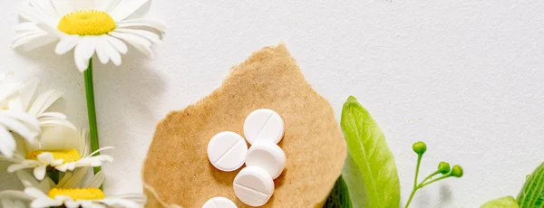 クラフト Klubke 緑の葉薬草 ホメオパシーでバナーの白い錠剤です 葉の花とリンデン カモミールの花の果実 治療のためのビタミン剤 — ストック写真