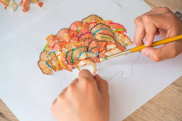 Shape of tree made of pencil shavings, Children\'s handicraft from color pencil shaving