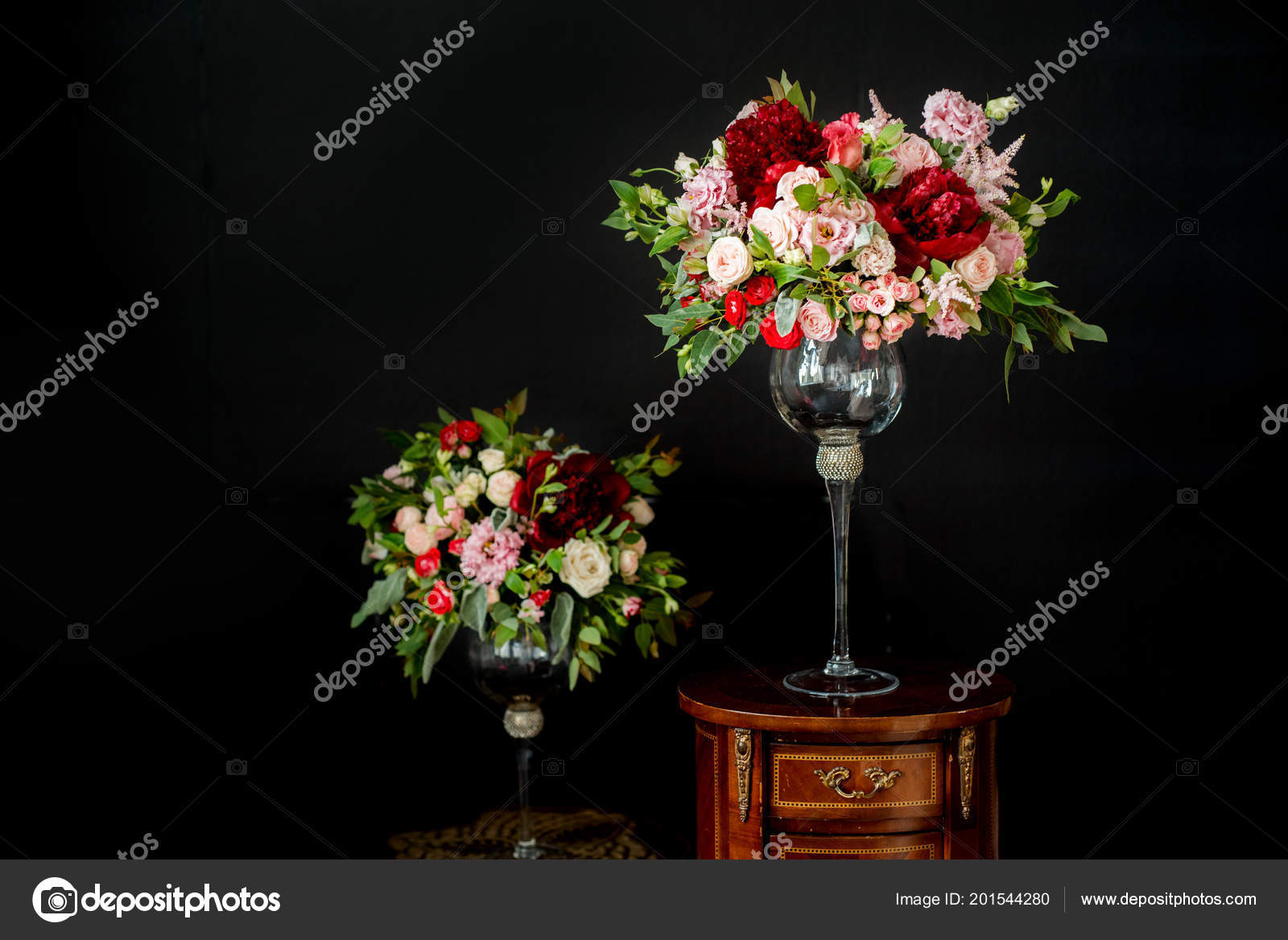 Wedding Flowers Floristic Glass Vases Black Background Red Purple