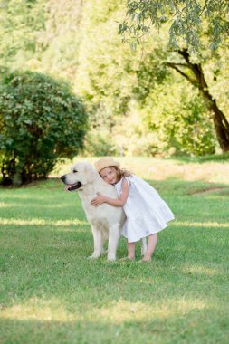 Küçük şirin yürümeye başlayan çocuk sarışın kız büyük beyaz çoban köpeğiyle oynuyor. Seçici odak