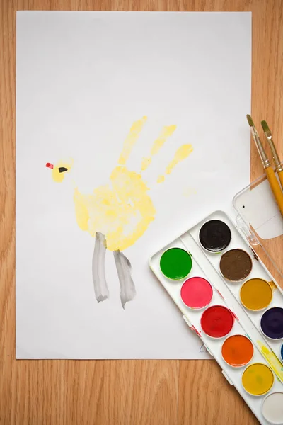 Desenho Infantil Com Lápis Cor Aquarelas Rasto Mão Frango Patinho — Fotografia de Stock