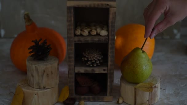 カボチャ、カボチャ。幸せな感謝祭の日の木製テーブルの背景は、カボチャと飾られる、トウモロコシの櫛、蝋燭および秋葉ガーランド。ホリデイ ・秋祭りシーン、秋には、収穫。フル Hd 1080 p ビデオ — ストック動画