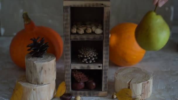 Calabaza, Squash. Feliz Día de Acción de Gracias Mesa de madera Fondo decorado con calabazas, peine de maíz, velas y guirnalda de hojas de otoño. Fiesta Otoño escena del festival, Otoño, Cosecha. Vídeo Full HD 1080p — Vídeo de stock