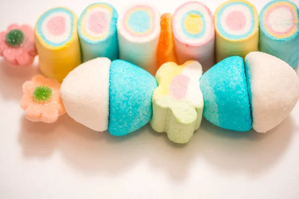 Multicolored Marshmallow Stick White Background Copy Space — Stock Photo, Image