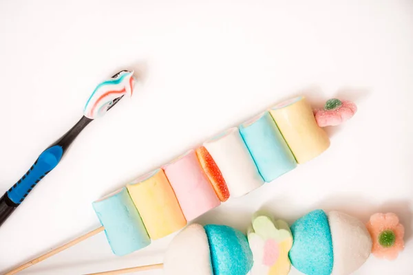 Marshmelow Coloré Brosse Dents Dents Saines Concept Santé Infantile Hygiène — Photo