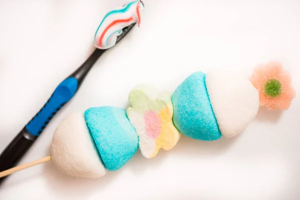 Marshmelow Colorido Escova Dentes Dentes Saudáveis Conceito Saúde Infantil Higiene — Fotografia de Stock