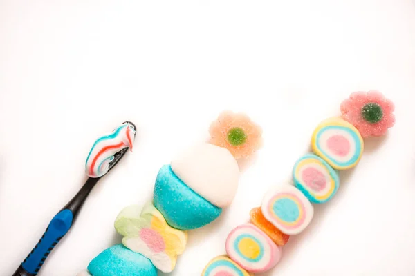 Marshmelow Coloré Brosse Dents Dents Saines Concept Santé Infantile Hygiène — Photo