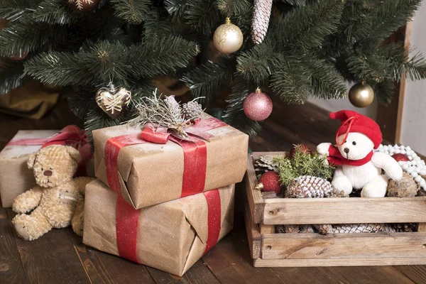 Bear Wearing Santa Hat Christmas Gift Boxes White Carpet Night — Stock Photo, Image