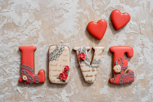 Homemade Gingerbread Letters Love Valentine Day Background Red Icing Valentine — Stock Photo, Image