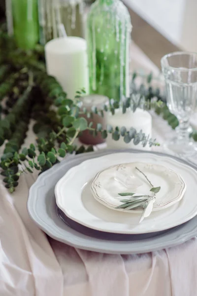 Servido Para Mesa Banquete Boda Azul Blanco Decoración Boda Servilleta — Foto de Stock