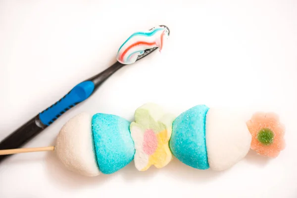 Marshmelow Coloré Brosse Dents Dents Saines Concept Santé Infantile Hygiène — Photo