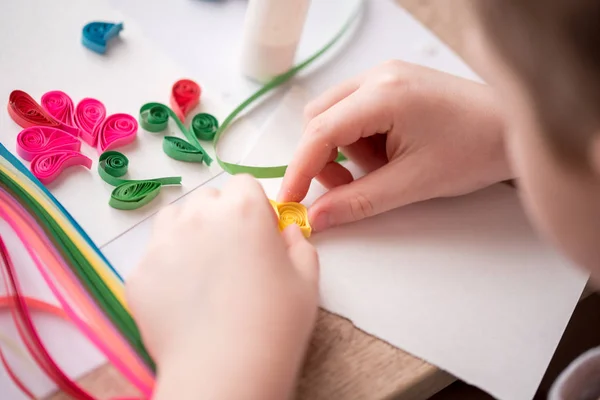 Quilling Technique Making Decorations Greeting Card Paper Strips Flower Scissors — Stock Photo, Image