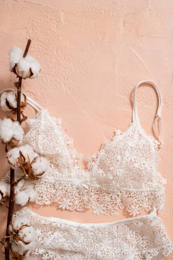 Pamuk külot ve sutyen beyaz çizgili. Kadın iç çamaşırı beton zemin üzerine. Üstten Görünüm moda kadın iç çamaşırı bir kadeh. Doğal yumuşak kumaş