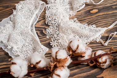 Pamuk külot ve sutyen beyaz çizgili. Kadın iç çamaşırı beton zemin üzerine. Üstten Görünüm moda kadın iç çamaşırı bir kadeh. Doğal yumuşak kumaş