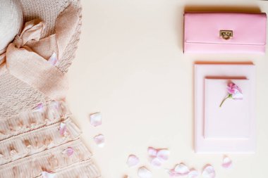 Moda Bayan aksesuar seti. Teras yatıyordu. Şık çanta. Makyaj fırçaları. Yaz güneş gözlüğü. Takı ve tırnak cilası. Kadın aksesuarları. Trendy moda tasarım