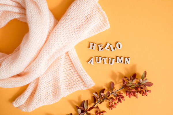 Осенняя фоновая композиция с осенними листьями, шарф в клетке на белом фоне. Плоский лежал. Вид сверху. Копирование пространства
