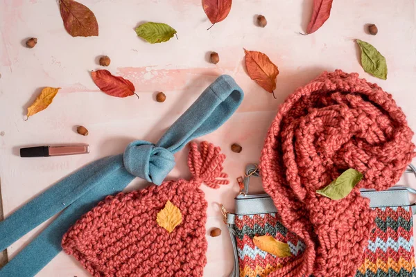 Guantes rosa pálido, bufanda y sombrero de lana mujer invierno conjunto sobre fondo blanco — Foto de Stock