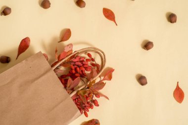 Zanaat zarfı, yapraklar, eski ahşap arka planda balkabakları. Düz yerde, üst tarafta, tepede. Rahat bir çalışma alanı, rahat bir konsept. Şükran Günü sonbaharı düzleşmeye başlıyor.,