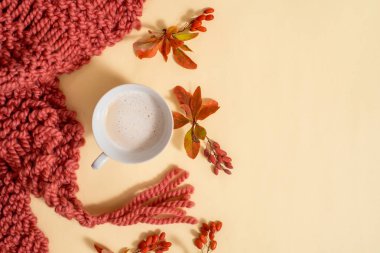 Sonbahar aksesuarları. Yünlü iplikten örülmüş turuncu atkı ve şapka. Sarı arka planda kuru yapraklar. Sonbahar kartı. Sıcak, parlak sonbahar konsepti. Düz yatış, üst görünüm. Kopyalama bölümü