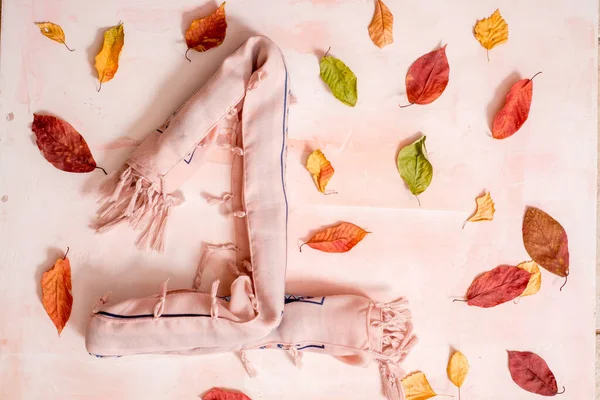 Composición de otoño. Bufanda con flecos rosados, hojas brillantes secas de otoño sobre un fondo rosado. Otoño, concepto de otoño. La figura es de tela. Plano, vista superior, espacio para copiar . — Foto de Stock