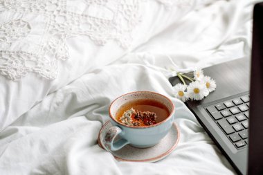 Laptop, bir fincan çay, beyaz yatak ve ekose. Güneşli bir sabah ve kahvaltı. Rahat bir evde internet üzerinden çalışmak. Sıcak, aydınlık oda