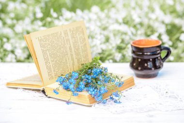 Açık bir klasik kitap, ahşap masada mavi unutmayan çiçekler, köyde sıcak bir sabah, güneşli yaz, tatiller. Batanica 'nın Kitabı..