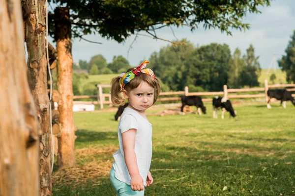 Bambina Del Villaggio Scalato Una Recinzione Campo Tramonto Ragazza Anni — Foto Stock