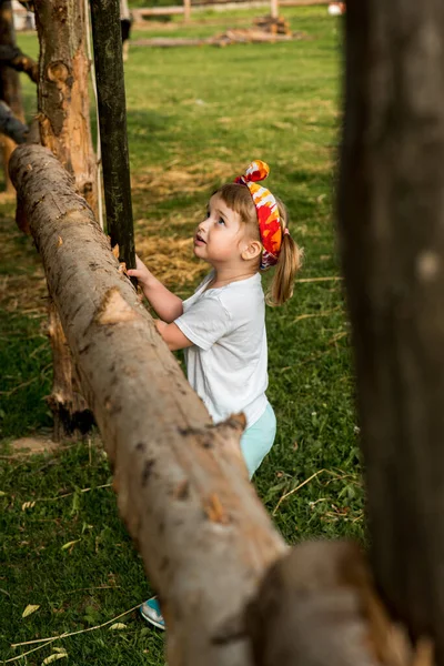 Menina Aldeia Subiu Uma Feno Campo Pôr Sol Menina Anos — Fotografia de Stock