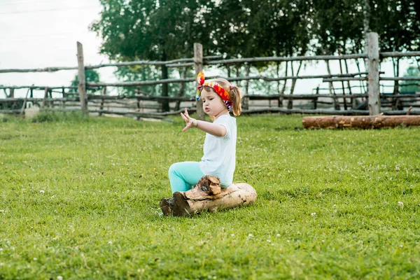 Doce Criança Bonita Menina Sentada Uma Cerca Aldeia Caminha Campo — Fotografia de Stock