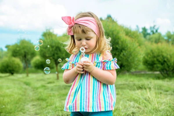 Beautiful Baby Girl Blowing Soap Bubbles City Park Ureki Ecology — Stock Photo, Image