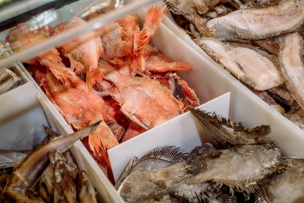 Fresh Frozen Fishes.girl chooses fish at the bazaar.