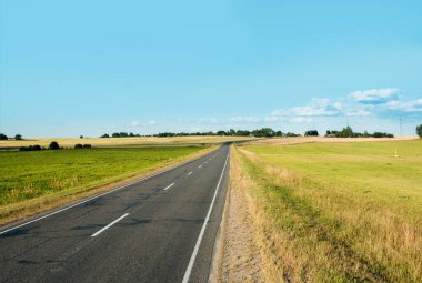 Ufuk çizgisine asfalt yol. Yeşil alanlar. mavi bulutsuz gökyüzü.