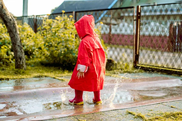 Cute girl in a red jacket is jumping in the puddle.The setting warm summer or autumn sun. summer in the village