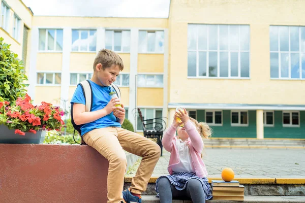 快乐的孩子们白天在学校院子里玩耍 学校的早餐 水果和果汁 成堆的教科书 快乐友好的兄弟姐妹的概念 — 图库照片