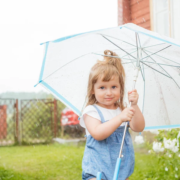 Little Girl Umbrella Playing Rain Autumn Outdoor Fun Children Toddler — Stock Photo, Image