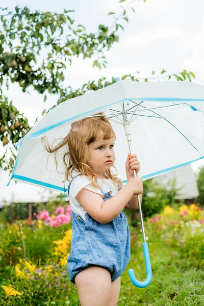 Little girl with umbrella playing in the rain. Autumn outdoor fun for children. Toddler kid outside in the garden. Baby enjoying summer shower