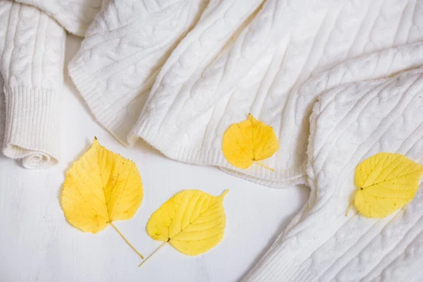 Composición Acogedora Otoño Invierno Taza Café Suéter Blanco Punto Caliente — Foto de Stock