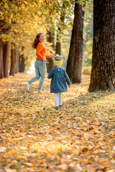 Lächelnde Junge Familie Die Einem Herbsttag Die Blätter Läuft Aktive — Stockfoto