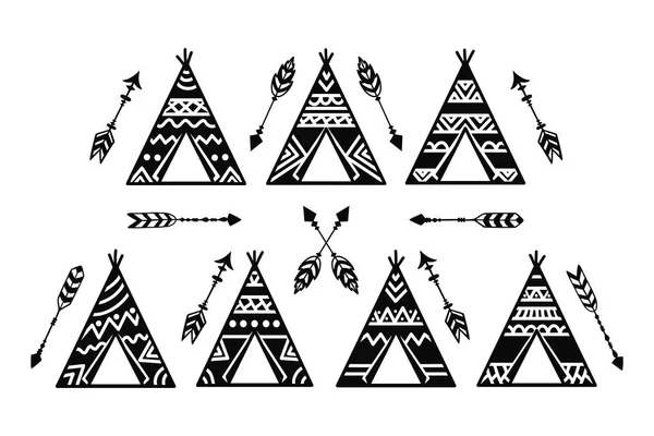 Teepee tents and arrows tribal tattoo collection. Wigwam ornamental design. — Stock Vector