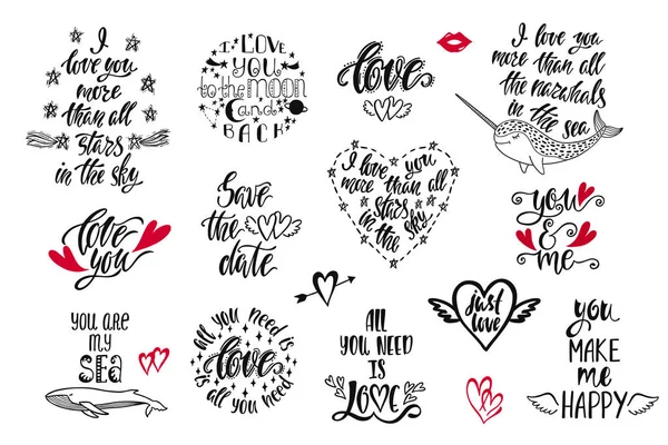 Conjunto de citas inspiradoras positivas para el Día de San Valentín. Caligrafía moderna frases dibujadas a mano sobre el amor . — Vector de stock
