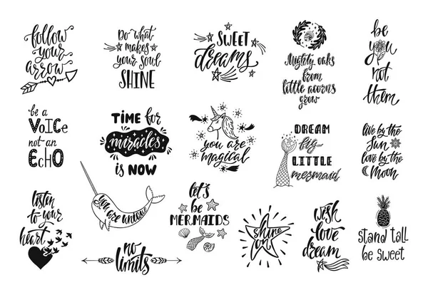 Pozitif Inspirational quotes kümesi. Büyülü Hat el çekilmiş ifadeler 